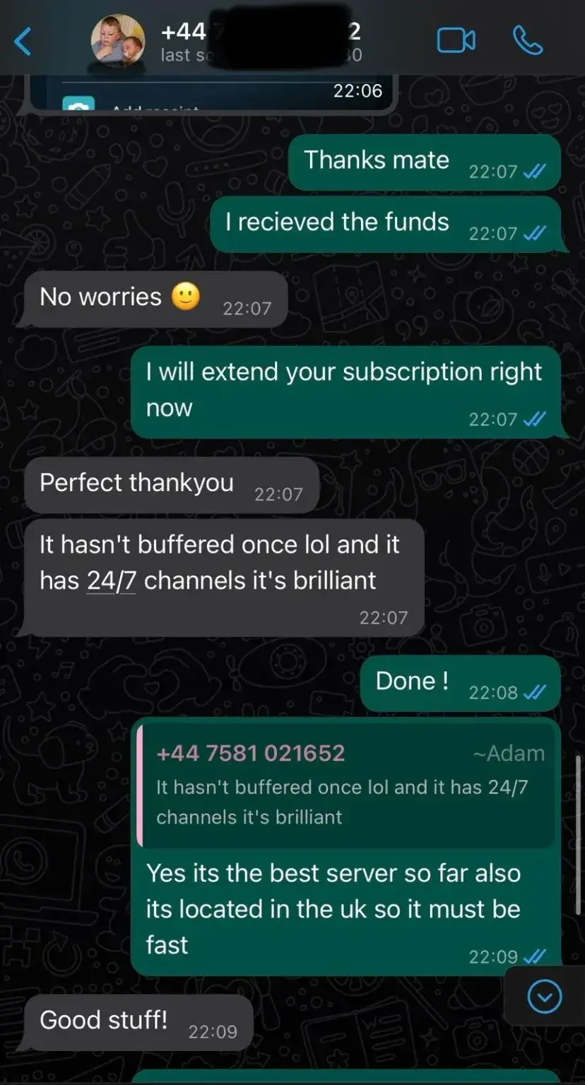 IPTV UK customer WhatsApp review confirming no buffering, 24/7 channels, and fast UK servers