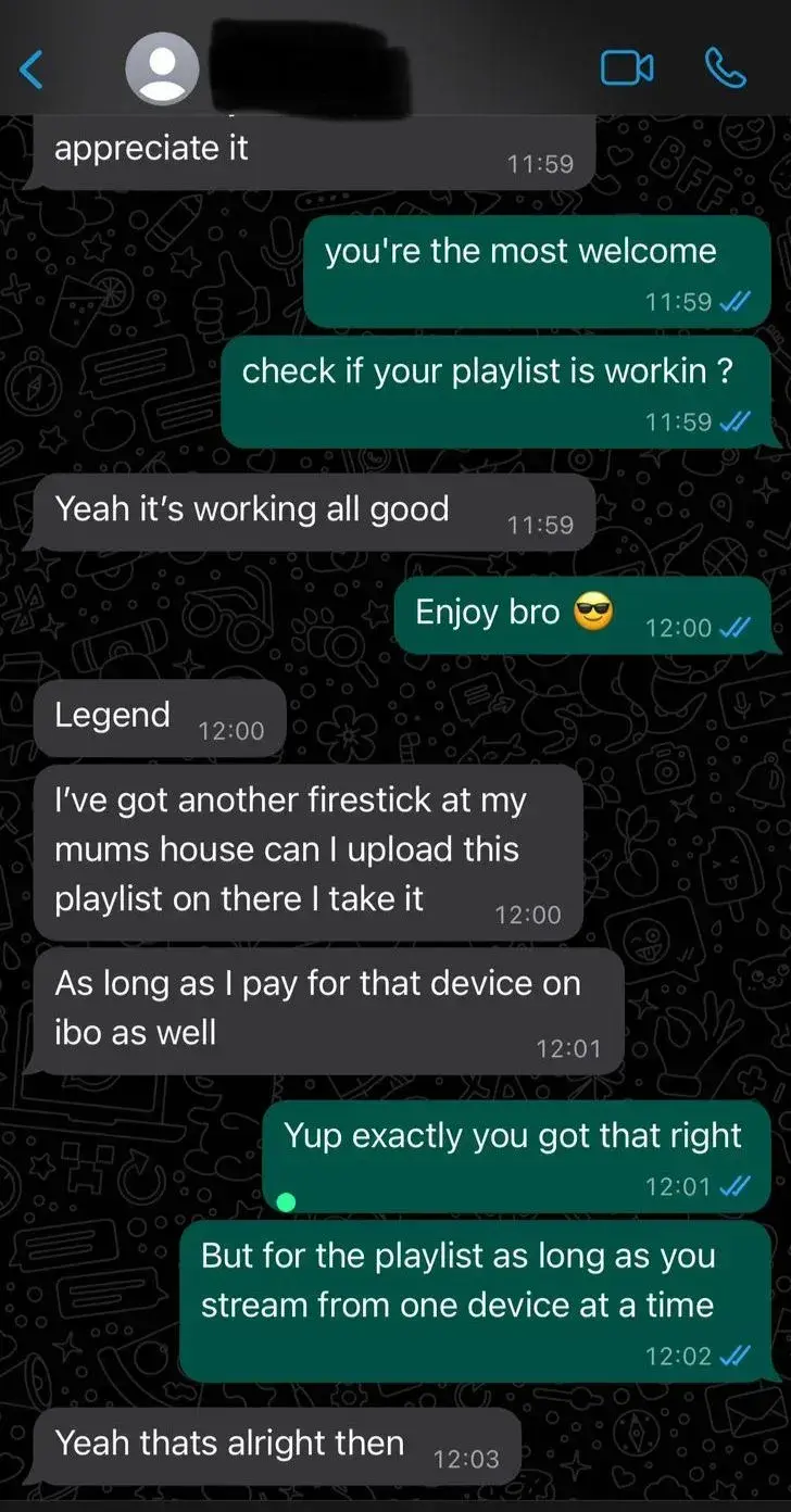 IPTV UK customer WhatsApp chat confirming playlist works well and multi-device usage support