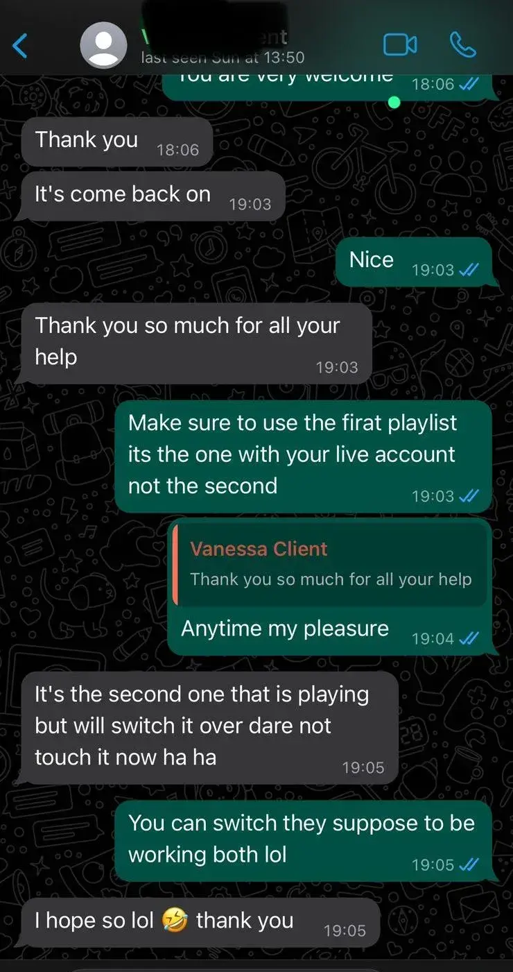 IPTV UK customer WhatsApp chat showing fast support help and successful service fix