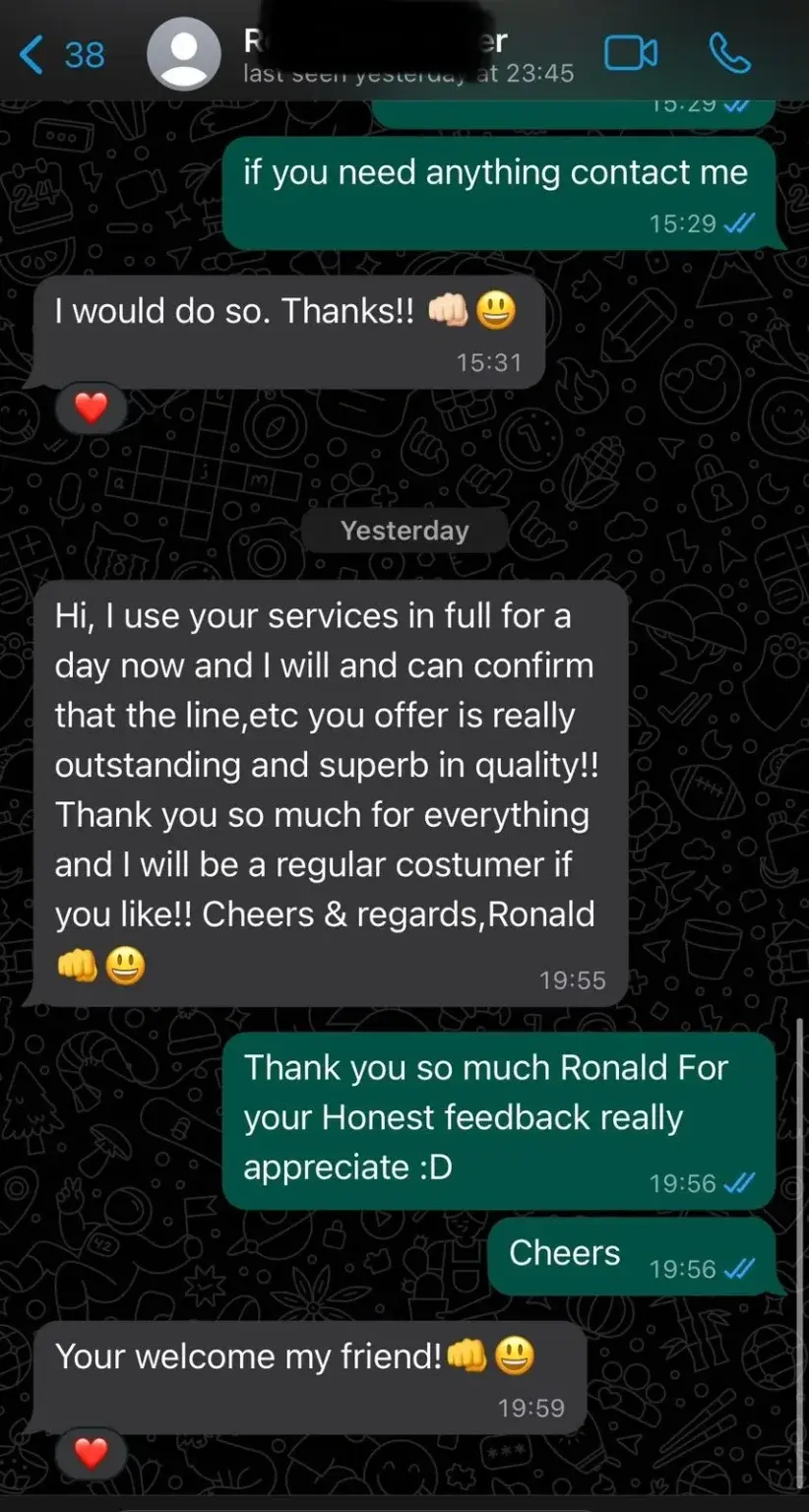IPTV UK customer WhatsApp review praising outstanding quality and confirming long-term satisfaction