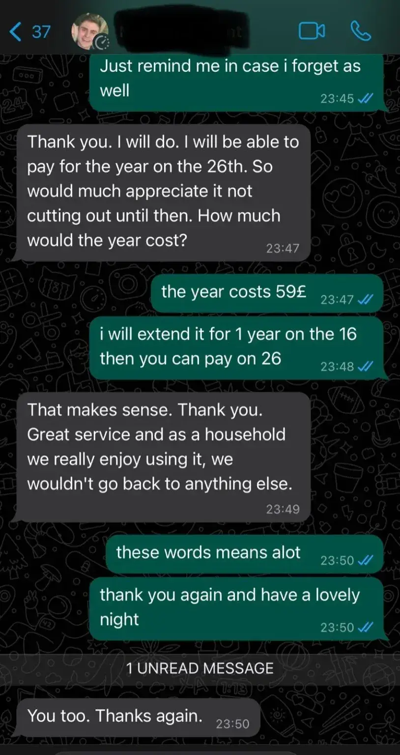 IPTV UK customer WhatsApp review praising great service, fair pricing, and household satisfaction
