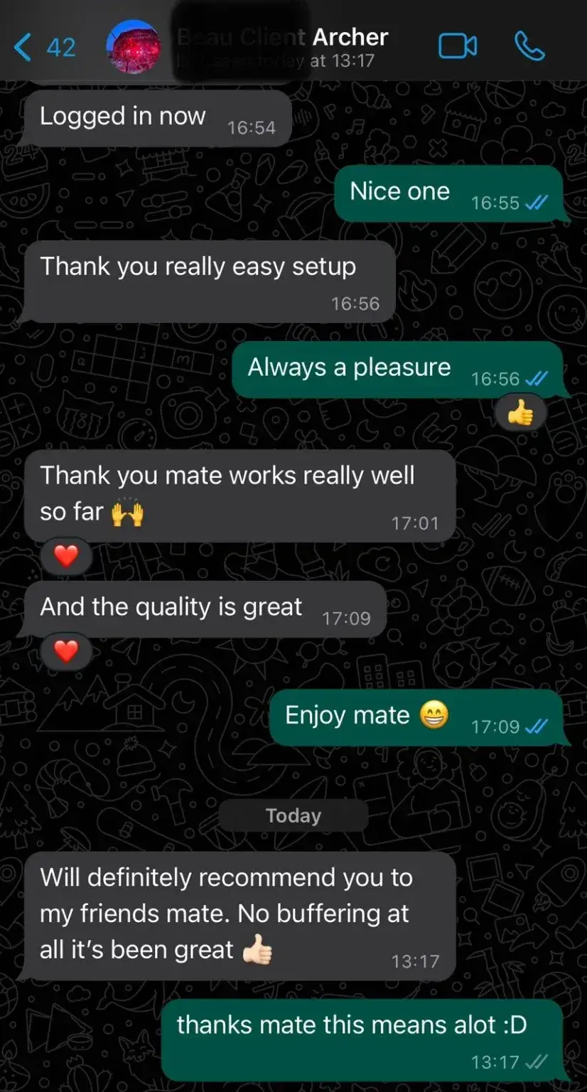 IPTV UK customer WhatsApp review praising easy setup, no buffering, and great streaming quality