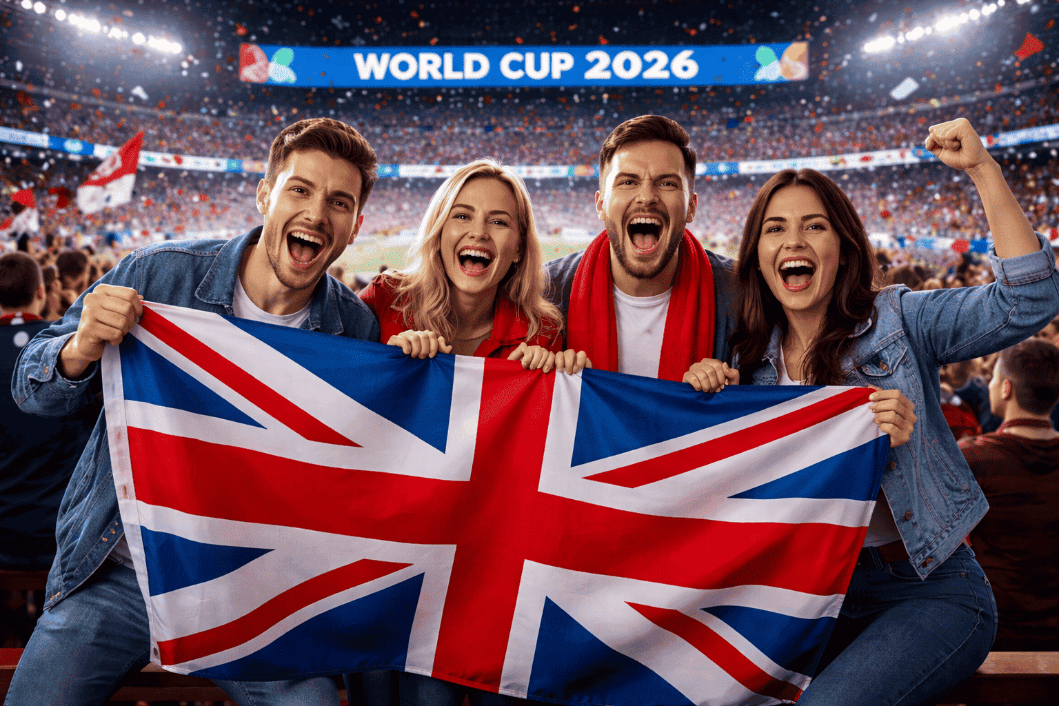 UK football fans holding British flag in stadium watching World Cup 2026 live IPTV UK