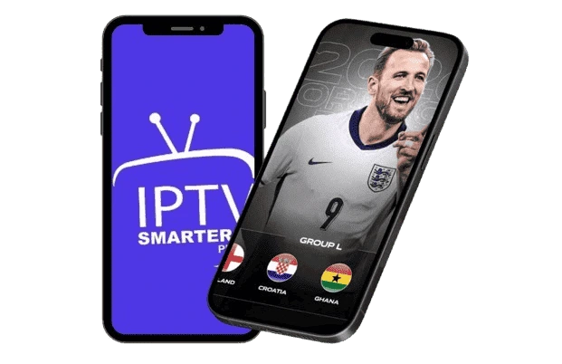 IPTV Smarters Pro app on smartphone showing live football streaming with IPTV UK providers